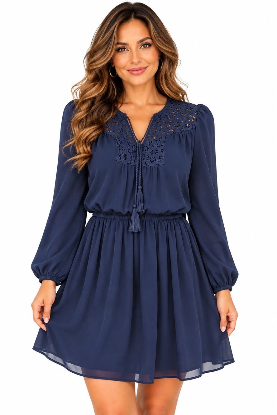 White House Black Market Dress 00 Navy Blue Lace Tassel Tie Long Sleeve Dressy